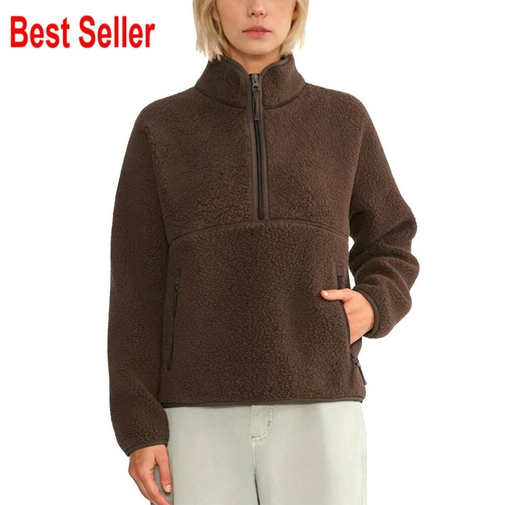 Cropped Half-Zip Sherpa Fleece Pullover with Pockets, Women's Oversized Hoodie - Picture 1 of 7